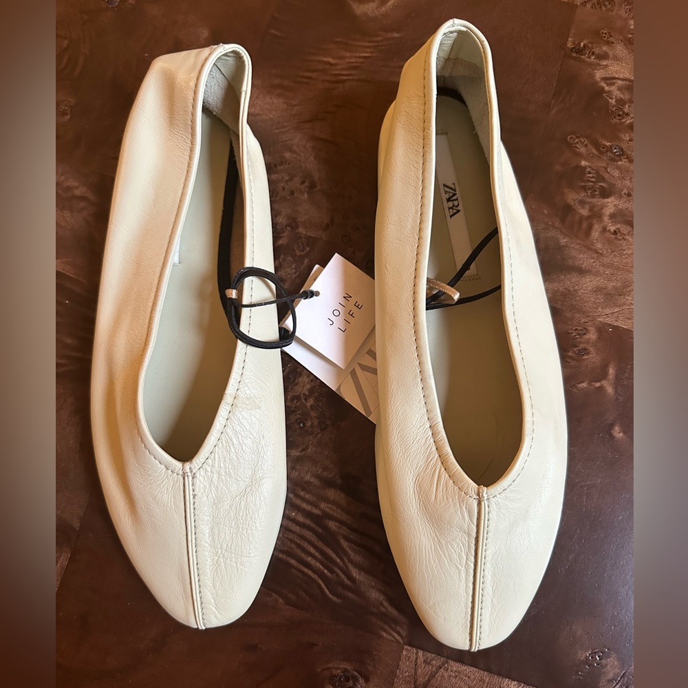 Zara Cream Leather Ballet Flats